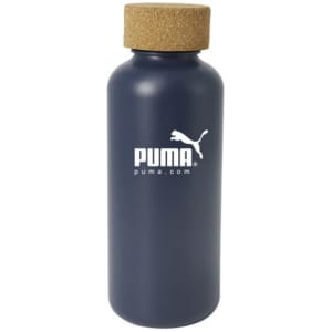 A drink bottle with a navy blue finish and a cork stopper, featuring a logo. 650ml capacity.