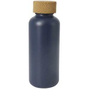 A drink bottle in dark blue with a cork lid, featuring a simple design and a logo.
