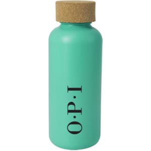 A drink bottle in a turquoise colour with a cork lid and a logo on the front.