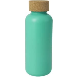 A drink bottle in turquoise with a cork lid. It has a smooth surface and a simple design.