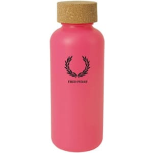 A pink drink bottle with a cork lid and a logo on the front.
