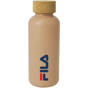 A drink bottle in a beige colour with a cork lid and a logo on the side.