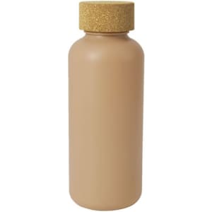 A drink bottle in a neutral beige colour with a cork-like lid and a simple design, featuring a logo.