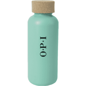 A drink bottle in mint green with a cork lid and a logo on the front.