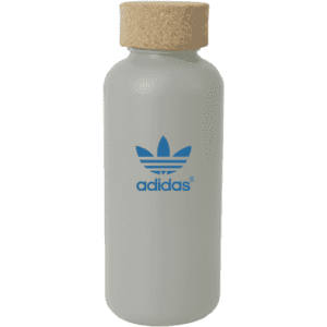 A drink bottle with a matte grey body and a cork lid, featuring a blue logo.