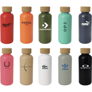 A drink bottle collection featuring various designs in colours like red, orange, green, black, and white, each with a cork lid.