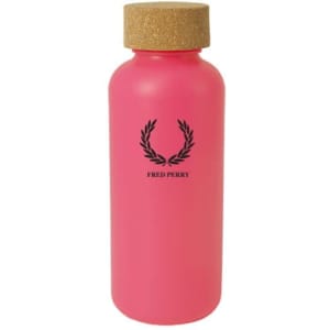 A drink bottle in pink with a cork lid and a logo on the front.