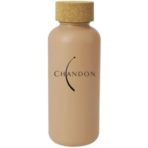 A drink bottle in a beige shade with a textured gold cap and a logo on the front.