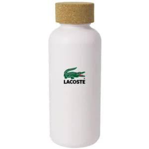 A drink bottle made of white material with a cork lid and a logo on the front.