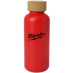 A drink bottle in vibrant red with a cork lid and a logo on the side.