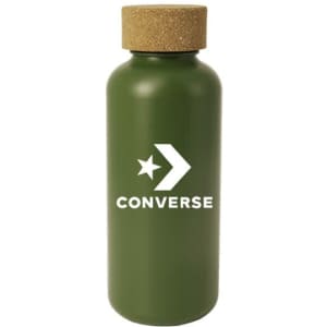 A drink bottle in olive green with a cork lid and a logo.