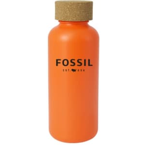 A drink bottle in bright orange with a cork lid and a logo on the front.