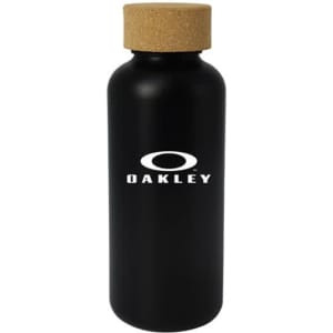 A drink bottle in black with a cork lid and a logo on the front, designed for holding 650ml of liquid.