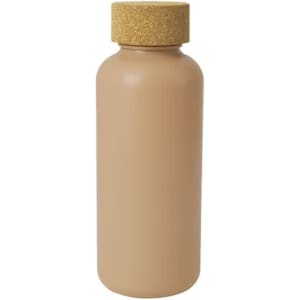 A drink bottle in tan with a cork-like gold lid and a simple design. It features a logo on the side.