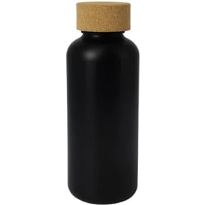 A drink bottle in matte black with a cork lid. It has a sleek, modern design and a capacity of 650ml.