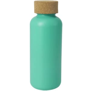 A drink bottle in a turquoise hue with a natural cork lid. It features a smooth, modern design and has a logo.