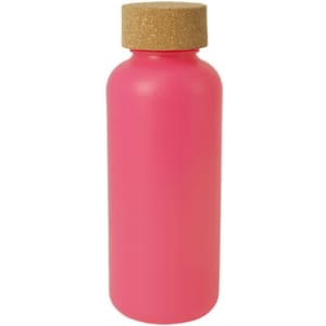 A drink bottle in vibrant pink with a cork lid, featuring a sleek and minimalist design.