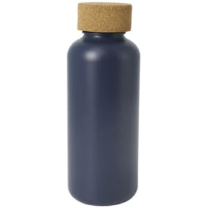 A drink bottle with a matte navy finish and a cork lid. It features a simple design and has a logo.