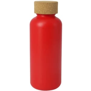 A drink bottle in bright red with a cork lid and a simple design. It features a logo.