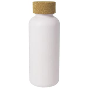 A drink bottle in a sleek white finish with a textured cork lid. It holds 650ml.