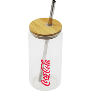 A drink bottle features a clear body, bamboo lid, and metal straw, with a logo on the side.