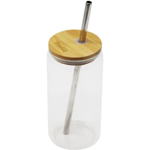 A drink bottle with a clear body, stainless steel straw, and bamboo lid. Features a logo on the lid.