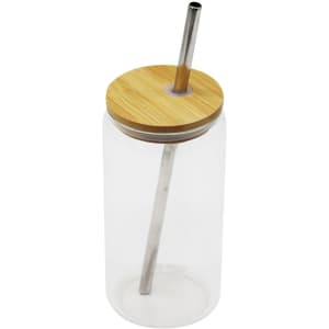 A drink bottle featuring a clear body, bamboo lid, and metal straw. It includes a logo on the side.