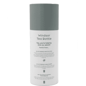 A drink bottle with a grey lid and white body, featuring a branding logo and text about environmental benefits.