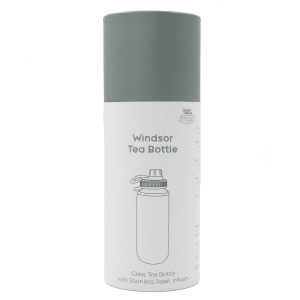 A drink bottle with a stainless steel infuser, featuring a clear glass body and a grey lid. Contains a logo.