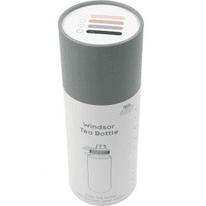 A drink bottle with a sleek design in clear glass and a grey cap, featuring a stainless steel infuser.