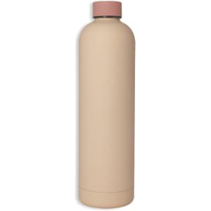 A drink bottle in a muted beige colour with a pink cap, featuring a logo on its surface.
