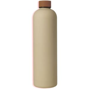 A drink bottle in beige with a brown lid. It has a smooth finish and features a logo.