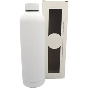 A drink bottle with a sleek white design, accompanied by a minimalistic box, featuring a logo on the bottle.