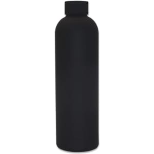 A black drink bottle with a sleek matte finish and a cap. It has a logo but specific details are not visible.