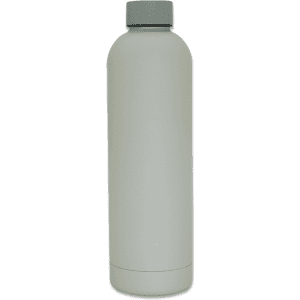 A drink bottle in a sleek, matte grey colour with a screw-top lid and branding visible.