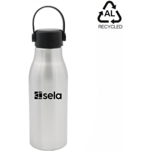 A drink bottle in silver with a black lid and a handle, featuring a logo on the front.