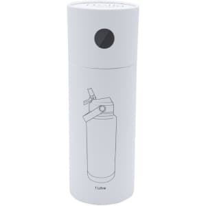 A drink bottle with a sleek white design and a round top, featuring a drawing of a spray bottle and a logo.
