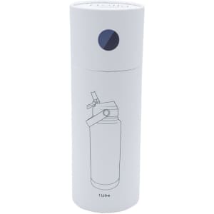 A drink bottle with a cylindrical white design, featuring an illustration and a branding logo on the cap.