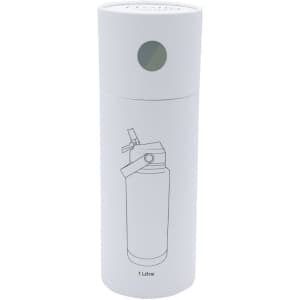A drink bottle in white, cylindrical shape, with a design resembling a fire extinguisher and a logo on it.