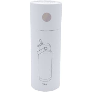A drink bottle in a cylindrical white design, featuring an illustration of a bottle and a logo.
