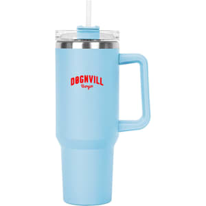 A drink bottle in light blue with a clear lid and straw, featuring a logo on the front.