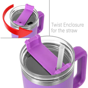 A drink bottle in purple featuring a twist enclosure for a straw and a clear lid. It has a handle for easy carrying.