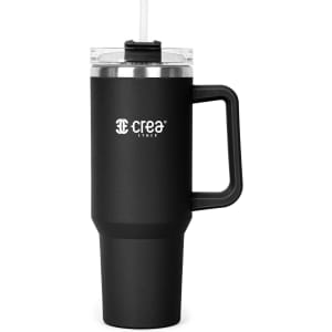 A drink bottle featuring a black design with a clear lid and straw, alongside a sturdy handle. It has a logo.