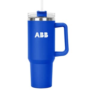 A drink bottle with a blue exterior, clear lid, straw, and a handle. It features a logo on the side.