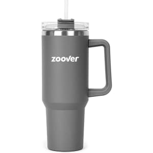 A drink bottle in matte grey with a clear lid, straw, and a sturdy handle. It features a logo on the front.