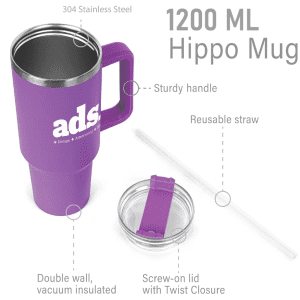 A drink bottle in purple with a sturdy handle, featuring a screw-on lid and reusable straw. It has a logo.