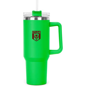 A drink bottle in vibrant green with a clear lid, straw, and a handle. It features a logo on the front.