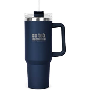 A drink bottle with a navy blue exterior, featuring a clear lid and straw, and a handle. It has branding on the side.