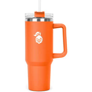 A drink bottle in vibrant orange with a clear lid and straw, featuring a logo on the side.
