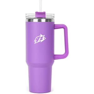 A drink bottle featuring a purple exterior, a clear lid, and a reusable straw with a handle. It has a logo on it.